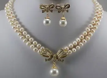 

18k Yellow Gold GP 6-7mm White Pearl & Shell Pearl Pendant Necklace Earring Set a(5.18)
