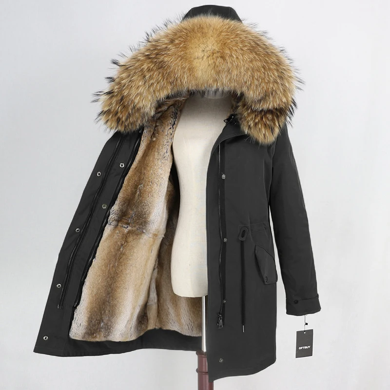 Discount OFTBUY Waterproof Long Parka Real Fur Coat Winter Jacket Women Natural Raccoon Fur Collar Real Rabbit Fur Liner Detachable Warm 16