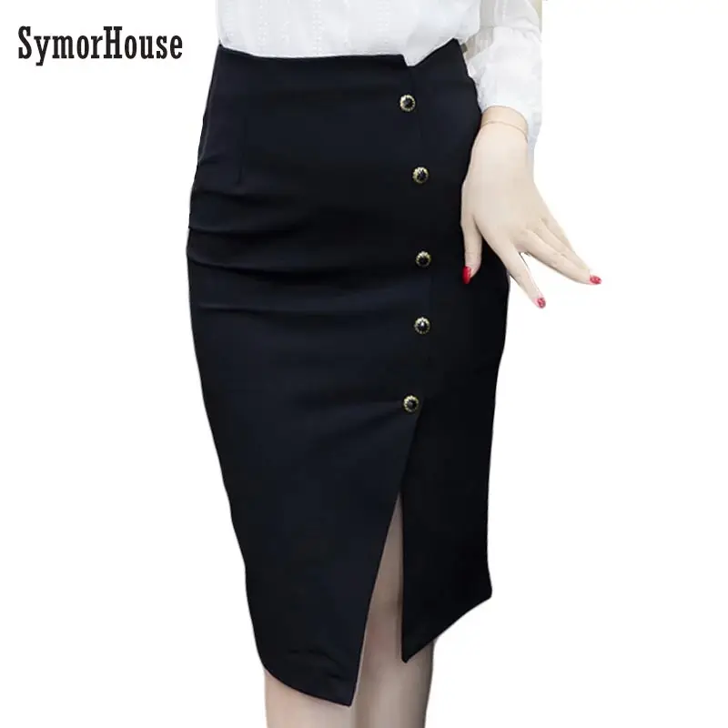 

New Fashion women 's slim pencil skirt female classic button high waist sexy split midi skirt elegant ladies black red OL skirts