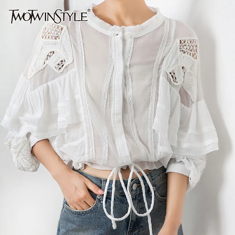 

TWOTWINSTYLE Ruffles Patchwork Shirt For Women O Neck Long Sleeve Hollow Out Bowknot Bandages Blouse Female 2019 Summer New