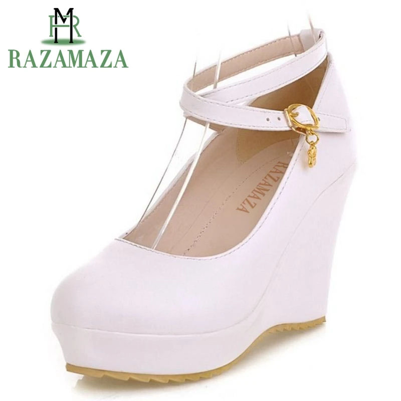 

RAZAMAZA Size 34-43 Vintage Women'S High Wedges Shoes Women Ankle Strap Buckle Platform Trifle Pumps Office Lady Party Shoes