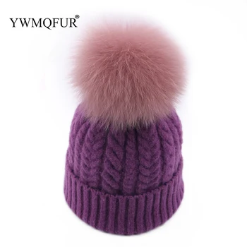 

Autumn Winter Women's Knitted Beanie Caps Thick Warm Ladies Skullies Hat With Fox Fur Pompom Gorro Ski Girl Hats 2019 Hot Sale