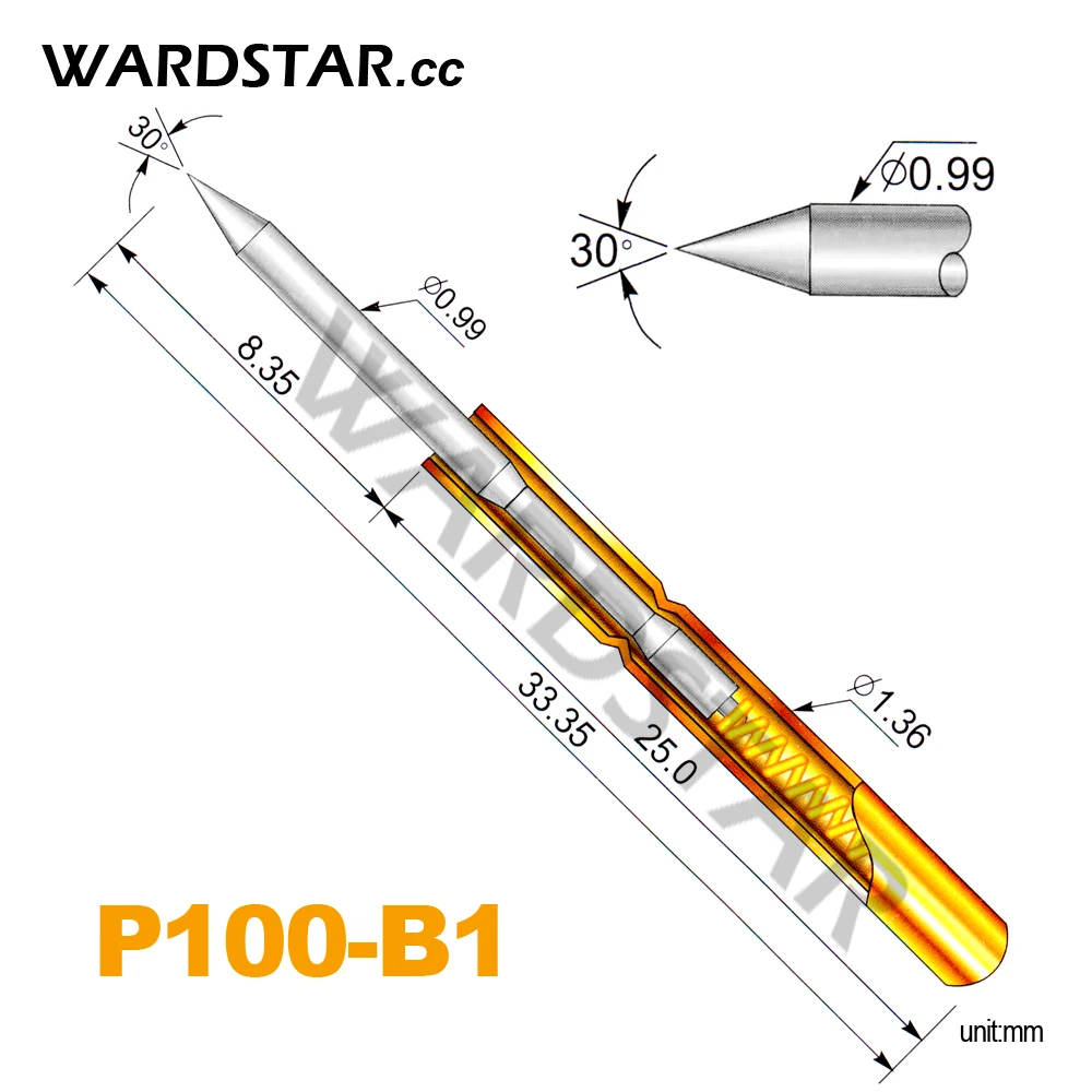 100 шт./лот P100-B1 диаметр 1,0 мм Пружинные щупы Pogo длина 33,35 мм(ход пружины Froce: 180 г