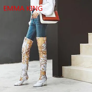 

Bling Glitter Women's Winter Thigh High Boots Pointed Toe Sexy Ladies High Heels Shoes Transparent Heels Over The Knee Boots