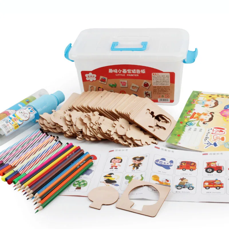 

Painting Stencil Templates With Wooden Water Color Pen Set Creative Drawing Tools Filling Board Set Children's Educational Toys