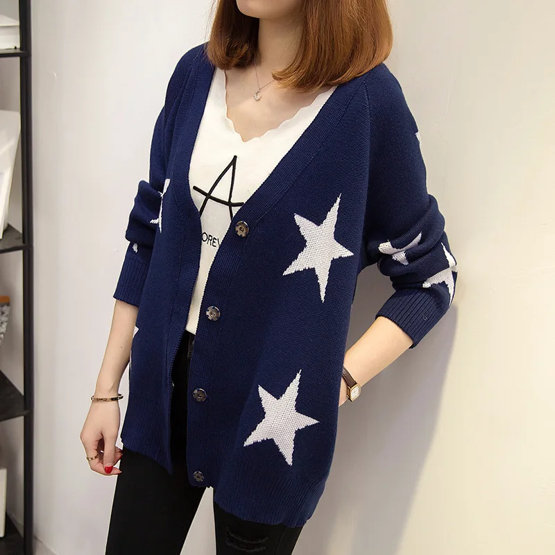 

Large size women's fat MM knit cardigan 2018 autumn and winter new large size star pattern wild sweater coat 17316#