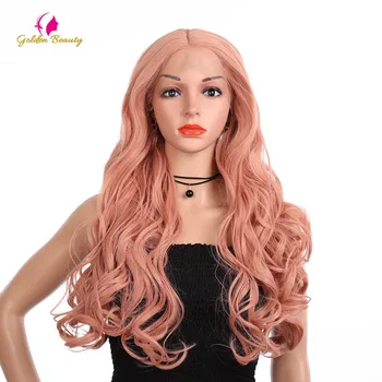 

Golden Beauty 26inch Long Body Wave Wig Synthetic Hair Lace Front Wigs Middle Part Pink Wig for American Women Cosplay