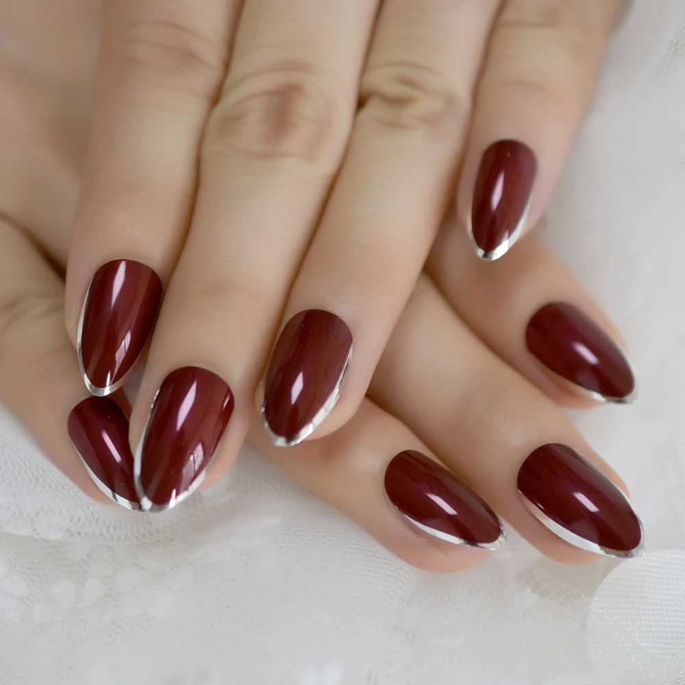 Бордовые металлические серебристые французские стилеты для дизайна ногтей, накладные овальные ногти, острые бордовые красные накладные ногти, клейкая лента