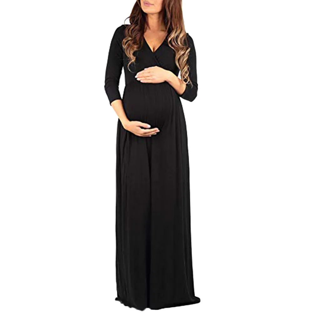 Trendy Maternity Dresses Women Wraped Ruched Pregnant Solid Maxi
