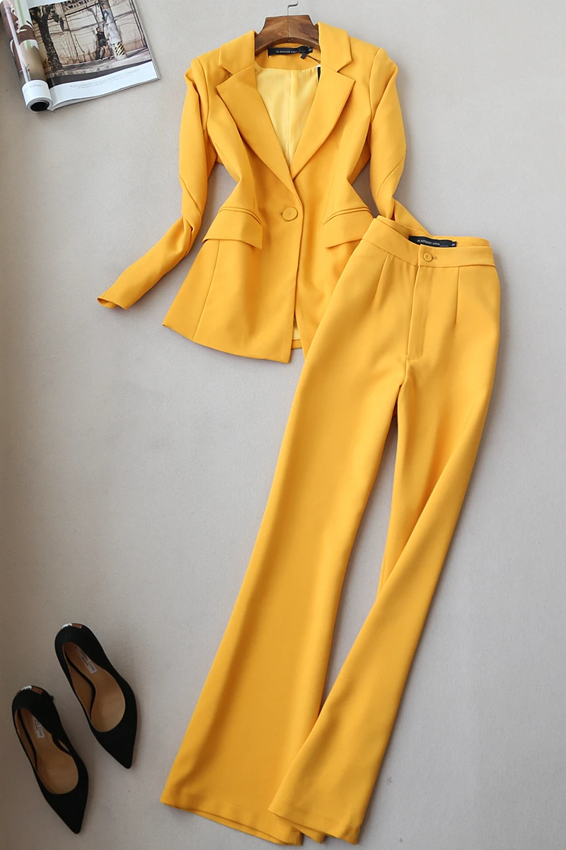 Модный костюм осень OL профессиональный деловой костюм дамский костюм куртка Женский колокольчик брюки два предмета Весна Свободный дикий - Цвет: yellow