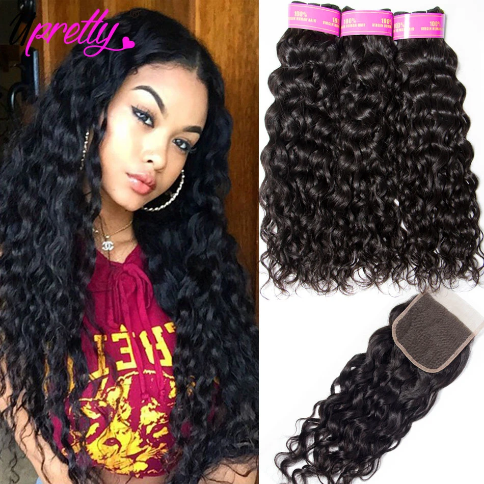 Pаспродажа Upretty волосы волна воды пучки с закрытием влажные и волнистые натуральные волосы 3 Связки с закрытием норки бразильские волосы плетение пучк...