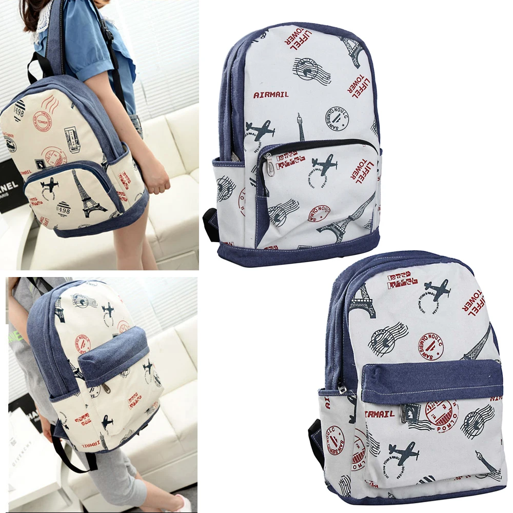 Girl Casual Canvas Backpack Tower Stamp Print Preppy Style Schoolbag Retro 2 Style 88 LBY2017