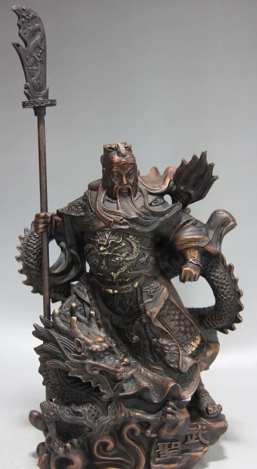 

free shipping Chinese Red Copper Bronze Wu saint Ride Dragon Guan Gong Guan Yu Warrior Statue