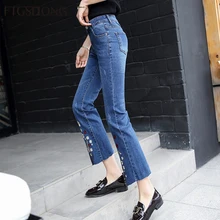 FTGSDLONG XS-8XL плюс размер джинсы для женщин корейская Высокая талия вышитые джинсовые брюки тертые обтягивающие расклешенные джинсовые, длиной до колена