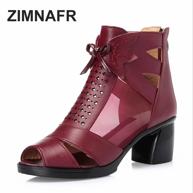 ZIMNAFR BRAND 2017 SUMMER NEW FASHION MESH SANDALS FISH MOUTH THICK HEEL GENUINE LEATHER ZIP WOMEN SANDALS PLUS SIZE 35-43