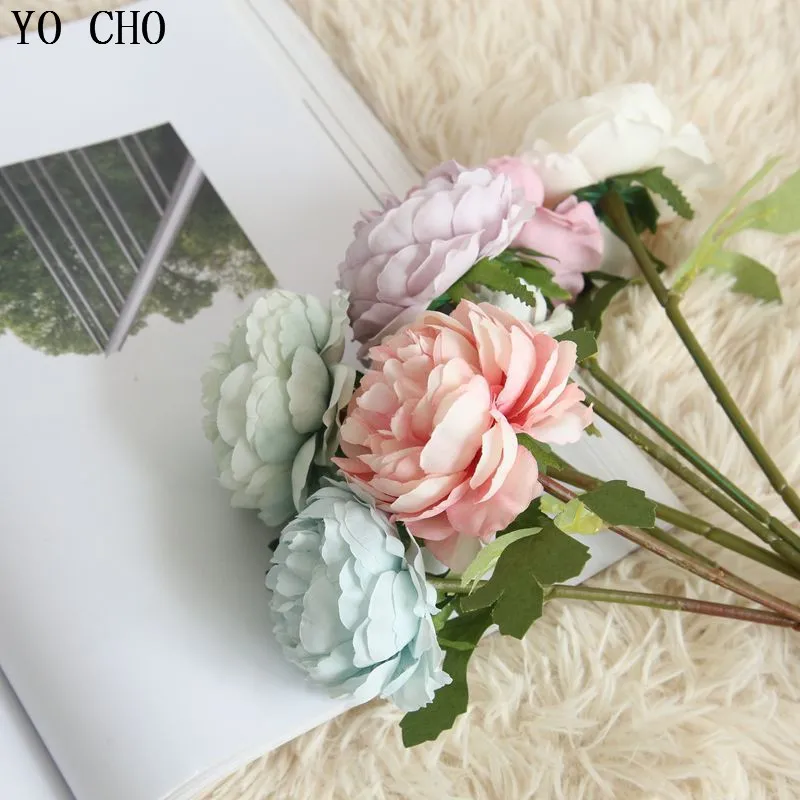 YO CHO 4pcs Artificial Flowers High Quality Tea Rose Silk Flowers Bouquet For Wedding Home Office Decor Fake Flowers Xxmas Decor