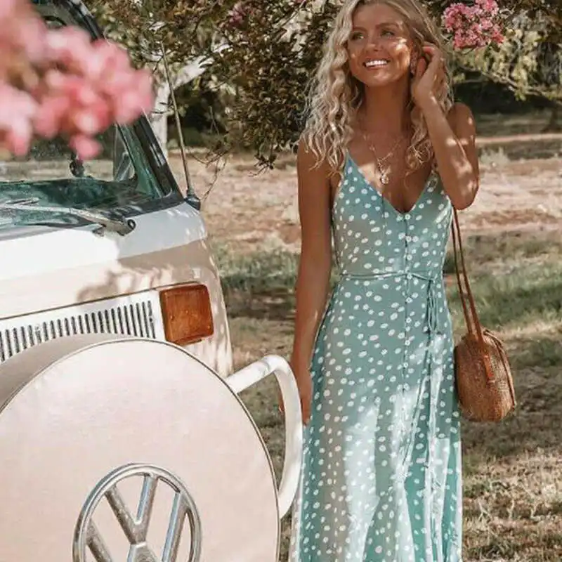 Summer Womens Boho Maxi Dress Lady Beach Dress Sundress Evening Pcocktailarty Flower Print Summer Hot Female