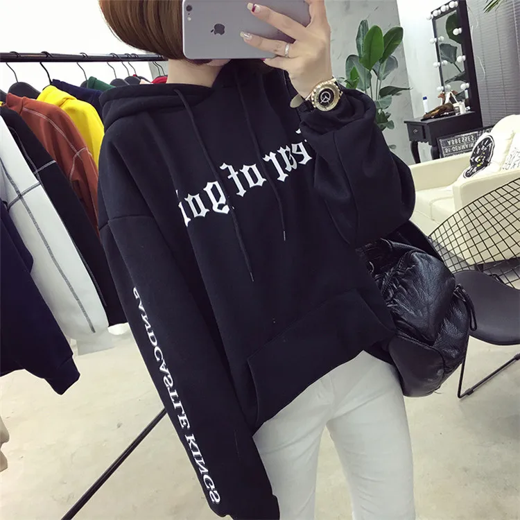 Толстовка с капюшоном для женщин осень зима корейский Ulzzang Harajuku с буквенным принтом бархатные толстовки с капюшоном женские толстовки Топы