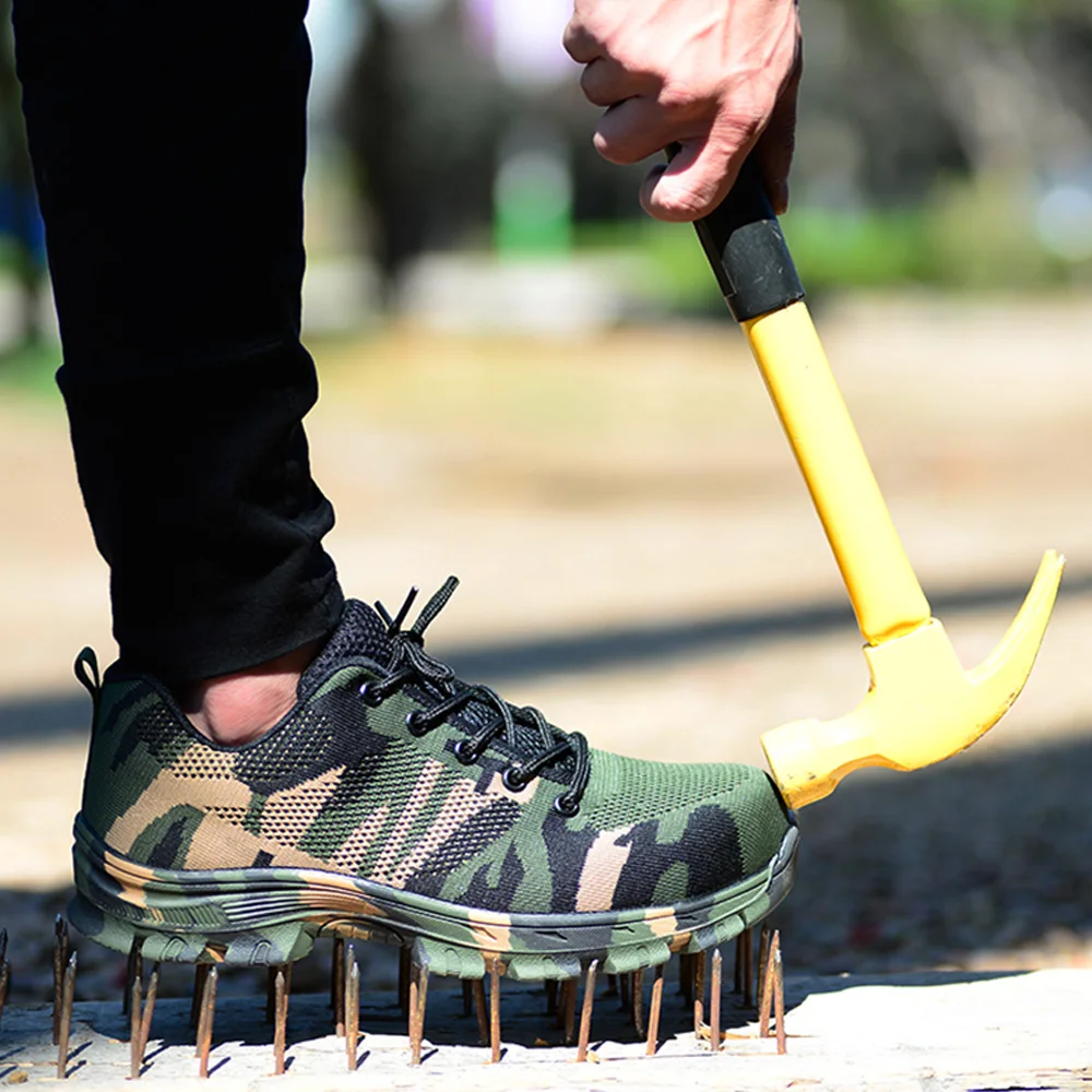 Meilleur MWSC Mode homme Chaussures DE SÉCURITÉ En Acier Orteil TRAVAIL Respirant Casual Lacets Chaussures Camouflage Vert