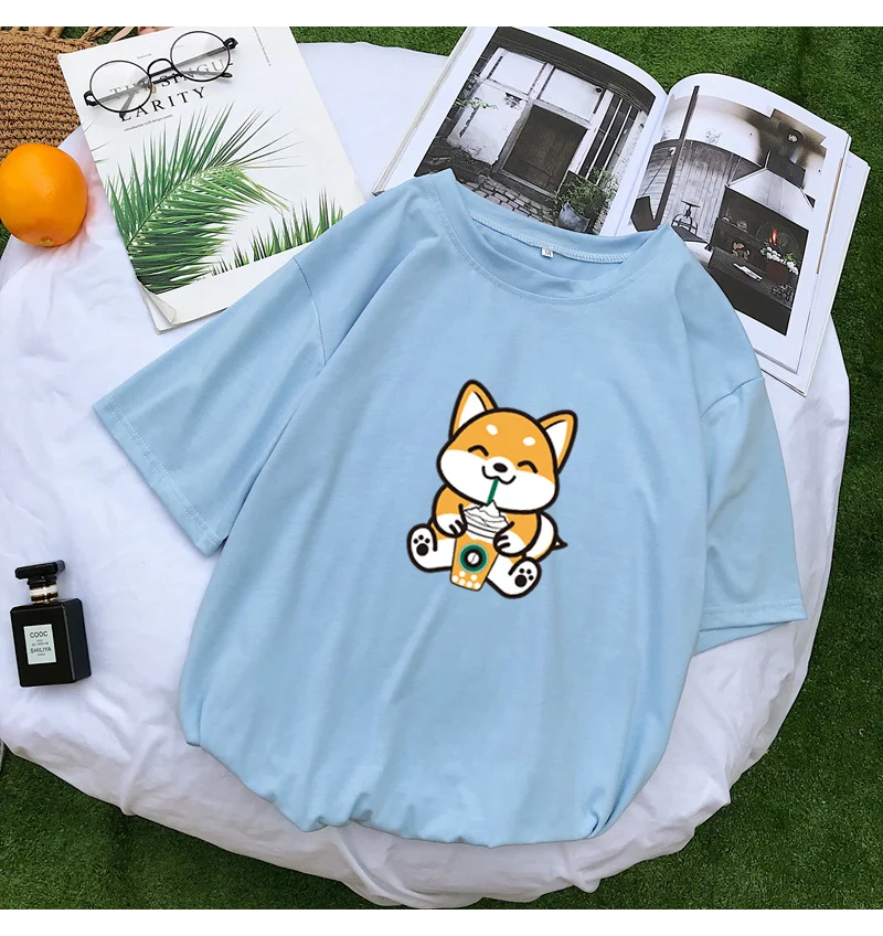 Женская футболка в стиле Харадзюку, Повседневная Kawaii, забавная футболка Шиба, хлопковые топы, футболка с коротким рукавом, женская уличная свободная Корейская одежда