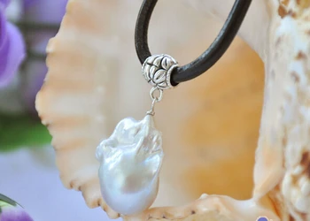 

free shipping Jewelr 006026 Huge 17" WHITE baroque keshi reborn pearl pendant leather necklace