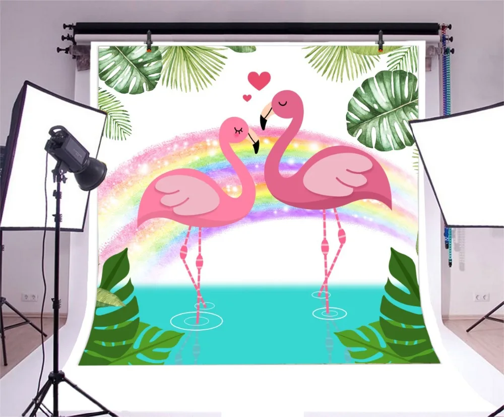 Laeacco Baby Party Cartoon Flamingos Flower Monstera Rainbw Photo Backgrounds Customized Photographic Backdrops For Photo Studio