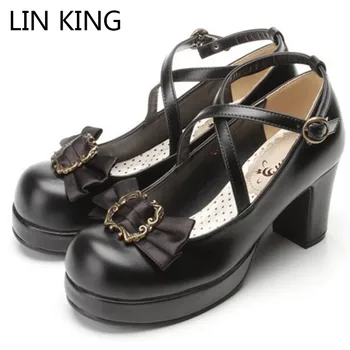 

LIN KING New Design High Heel Women Pumps Round Toe Thick Sole Platform Shoes Sweet Bowtie Lolita Shoes Ladies Princess Shoes