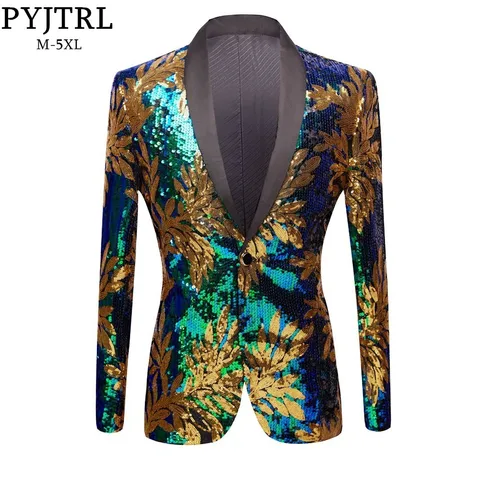 Folhas de Ouro Pyjtrl Novo Verde Azul Padrão Lantejoulas Blazer dj Night Club Cantores Ajuste Fino Masculino Terno Jaqueta Palco Traje Brilhante
