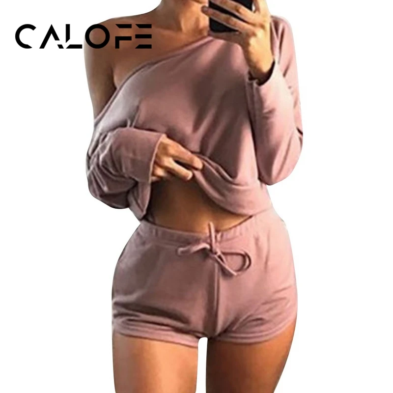 

CALOFE Brand Running Sports Suit Women's Tracksuit Running Top Fitness Shorts+Off Shoulder Tops Sports Suits Jogger Sports Sets
