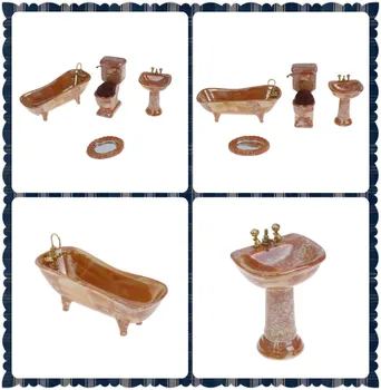 

4pcs/Set 1:12 Doll house Miniature Yellow Porcelain Bathroom Set Toilet Basin Bathtub Furniture