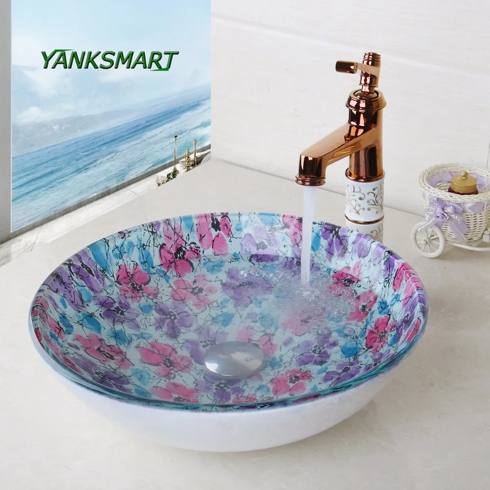 YANKSMART круглый смеситель для раковины из закаленного стекла с флорой ванной