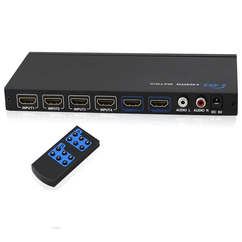 

1080P 4x2 HDMI Matrix 4 In 2 Out V1.3 HDMI Switch Box 4 in 2 out +L/R RCA Splitter Amplifier With IR remote Support HDCP 3D