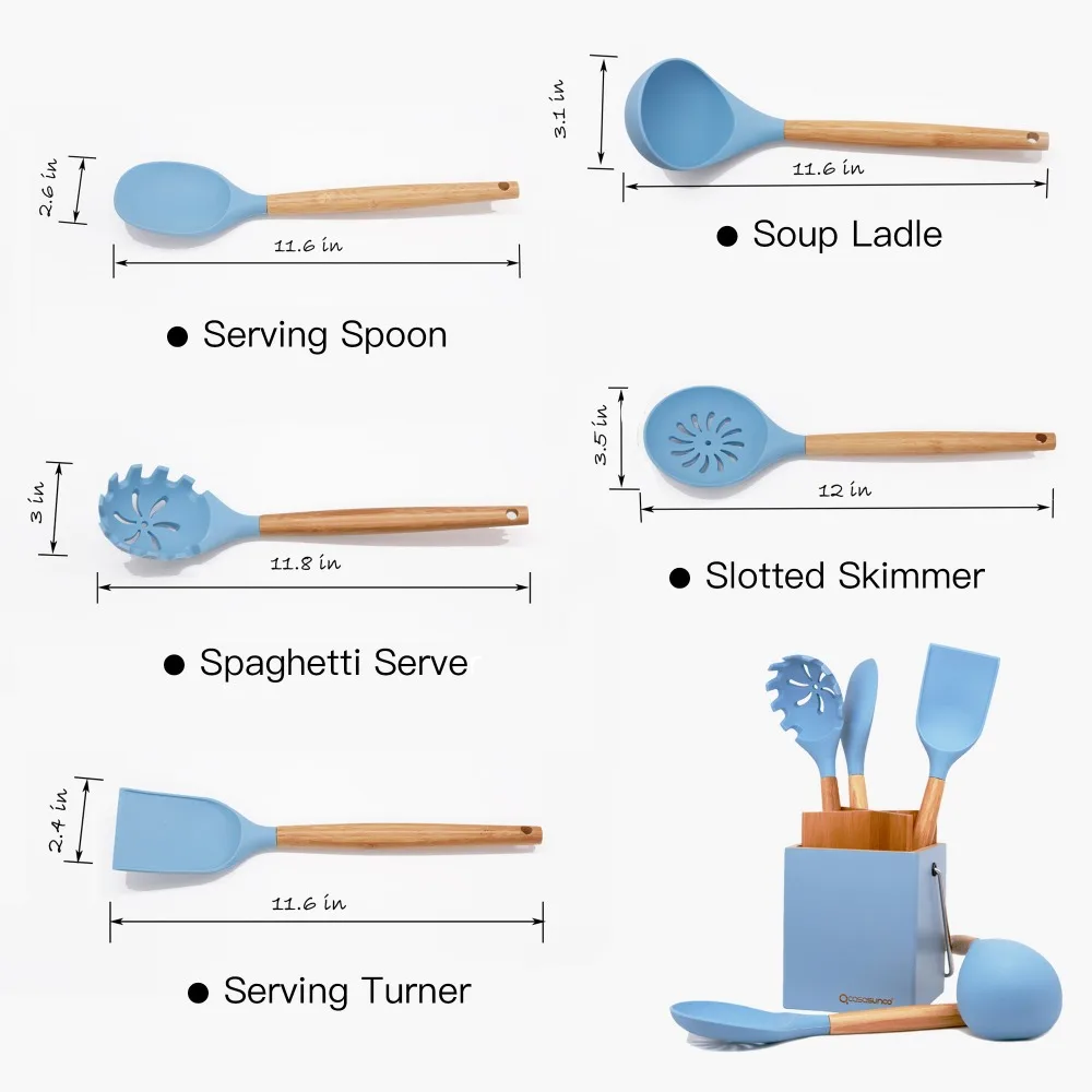 Набор кухонной утвари с держателем-Древесина бука и силикон термостойкая антипригарная кухонная утварь шумовка ложка половник CASASUNCO