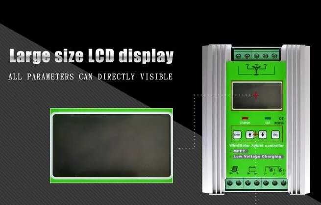Высокая эффективность 1200 Вт 12/24 V Авто решетки интеллигентая(ый) со слежением за максимальной точкой мощности, ветро-солнечной гибридное зарядное устройство с ЖК-дисплей дисплея и сброс нагрузки