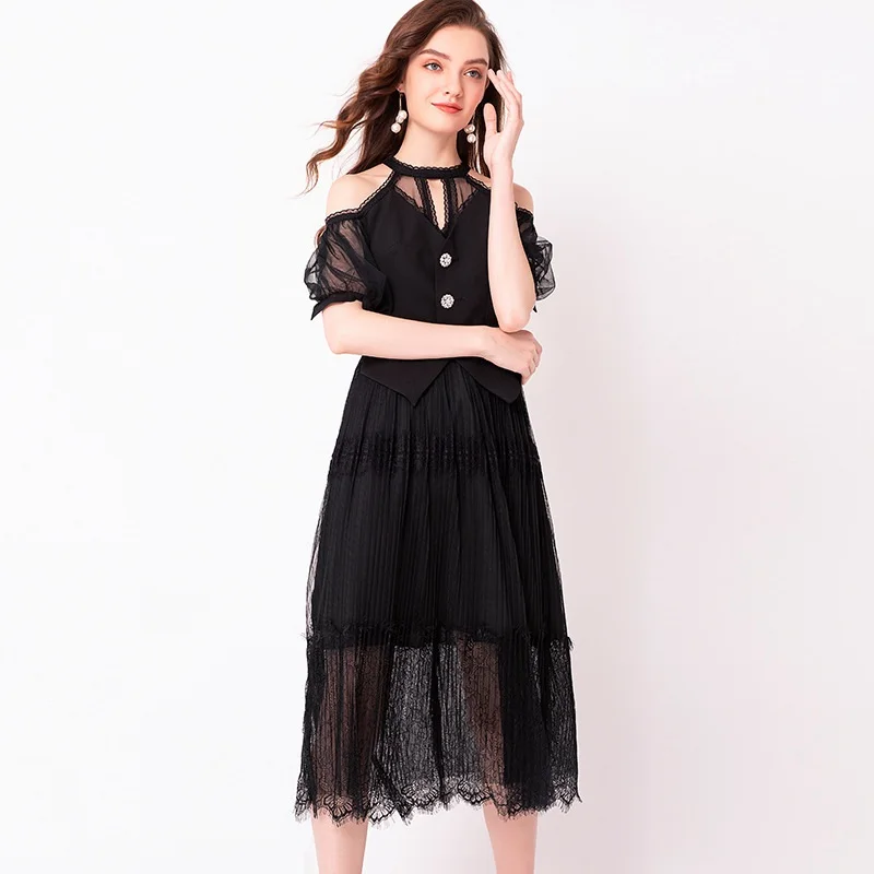 

Brand Black Princess Dress 2019 Summer High Waist Sexy Slim Halter Bare Shoulders Long Lace Dress Stitching Gauze A-line Dress