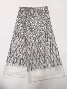 

Silver Sequins Lace Fabric 2019 High Quality African Evening Dress Fabrics New Nigeria Sequined Embroidered Mesh Net Lace Fabric