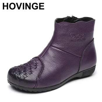 

HOVINGE Autumn Women Fats Boots Handmade Genuine Leather Boots Woman Vintage Solid Zip Flat With Ankle Boots Women Shoes