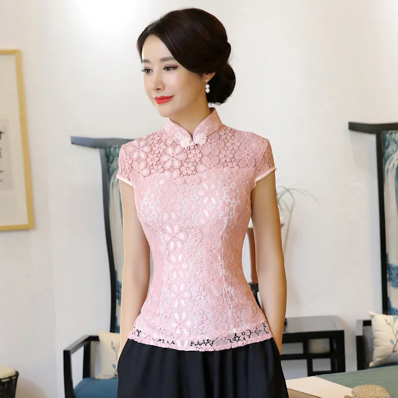 

Pink Summer Women's Shirt Tops Vintage Chinese Lady Lace Blouse Short Sleeve Button Qipao Mujer Camisa Size S M L XL XXL
