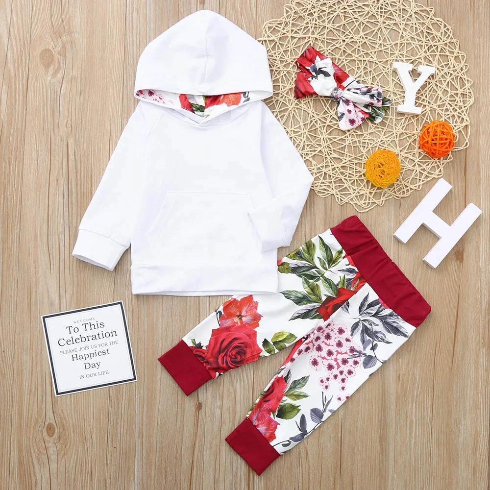 

Toddler Newborn Baby Boy Girl Clothes Outfit Long-Sleeves White Hooded Sweatshirts+Floral Printed Pants+Headbands Clothing Set