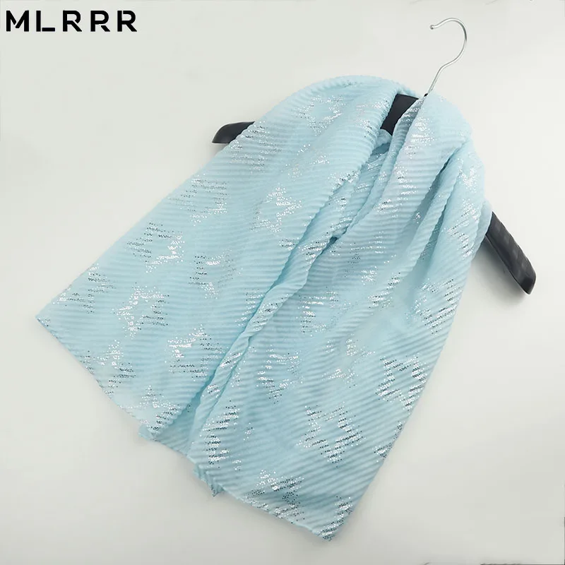 

MLRRR new fashion hot sale crumpled silver five-pointed star long scarf (blue, yellow, light blue, pink, gray)