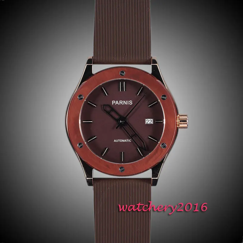 44mm parnis Brown dial Brushed Case date adjust top brand Luxury Newest Hot Fashion Rubber strap