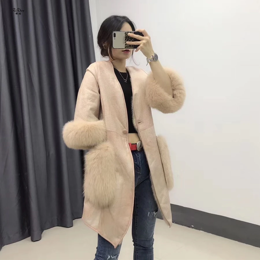 ZiZhen Real Mink Fur Genuine Leather Double-faced Solid Coats Reversible Winter Women's Pockets Cuff furcoat190617-1 | Женская