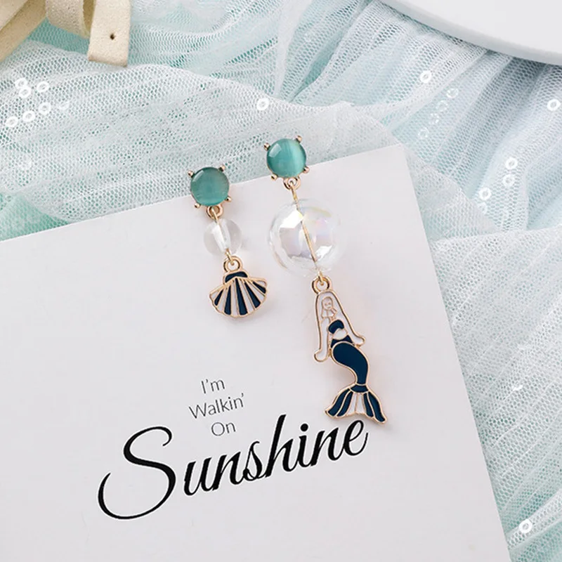 

2019 New Glass Ball Shell Asymmetry Mermaid Earring Cute Personality Handmade Drop Earring for Women Fashion Jewelry Accessories