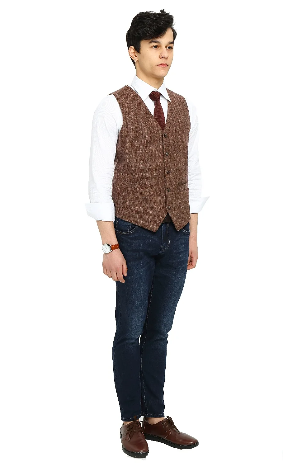 

2019 New Arrival Airtailors leather Buttons Vintage Herringbone Tweed Vest for Rustic Wedding Dark Brown Plus Size