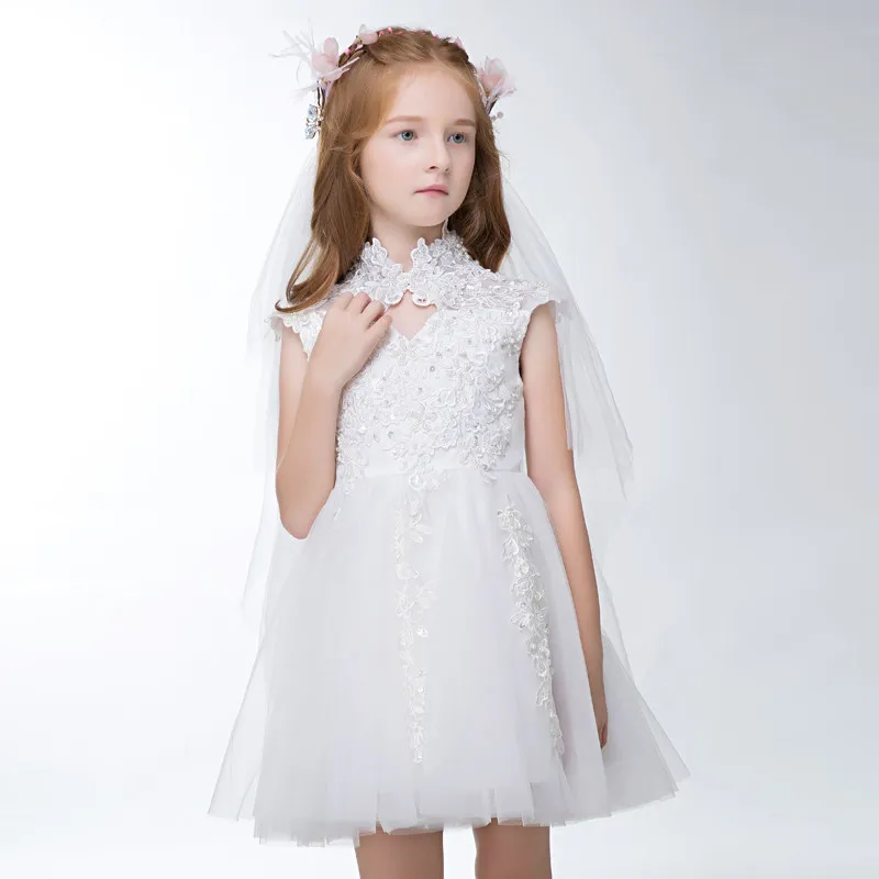 

Cute White Tulle Girls Pageant Dresses High collar Elegant First Communion Dresses For Children Graduation Flower Girls Gowns