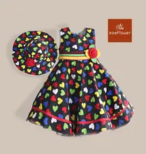 Coloful Heart Print Patchwork Girls Summer Dress with Cap Flower Kids Party Dresses For 3-7Y kids clothes vestidos infantis