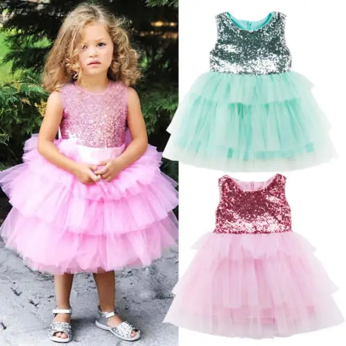 

Fashion Sequins Baby Girls Dress Solid Color Layered Tulle Pageant Birthday Clothes Kids Sleeveless Zipper Party Formal Dress