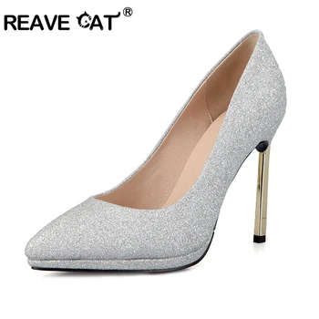 

REAVE CAT 2019 Shoes woman High heels Women pump Pointed toe Slip on Female Sequined cloth Thin heel Glitter Gold Silver A1847
