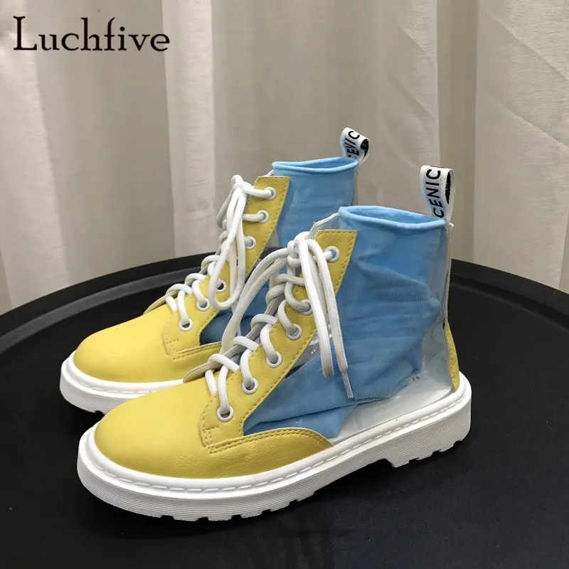

Jelly candy color ankle boots for women transparent clear PVC 2018 flat heels rain shoes with sock summer martin casual shoes