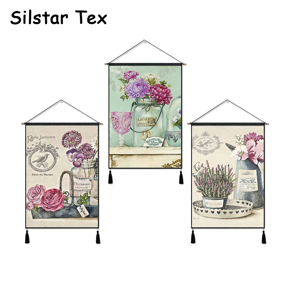 Silstar Tex Art Home Decor Wall Hanging Tapestry Cotton Linen Background Painting Flower Vase Green Plants 65X45 cm | Дом и сад